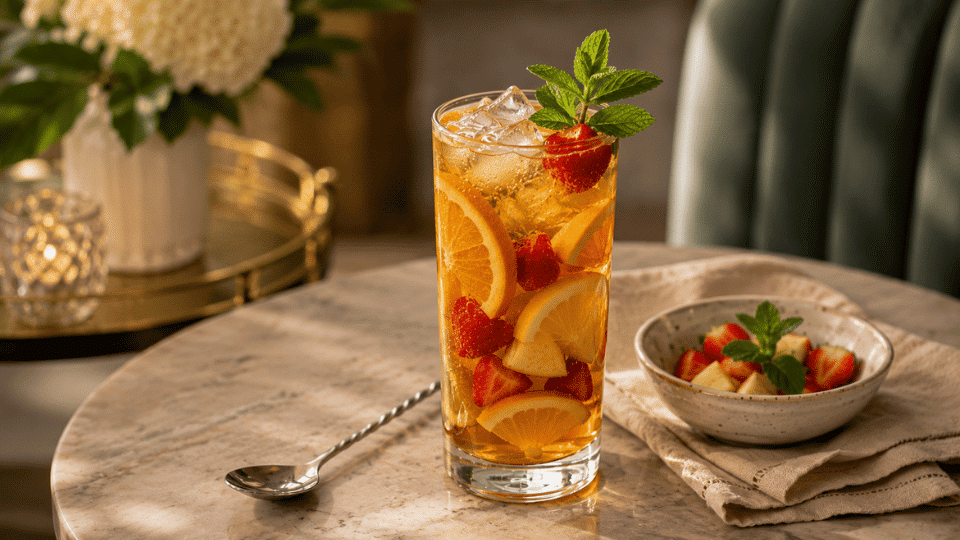 Classic Pimm's drink with strawberries, citrus, mint, and ice served in a tall highball glass on a marble table
