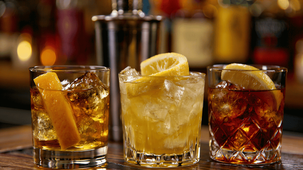 Classic whiskey cocktails in glasses with garnishes.
