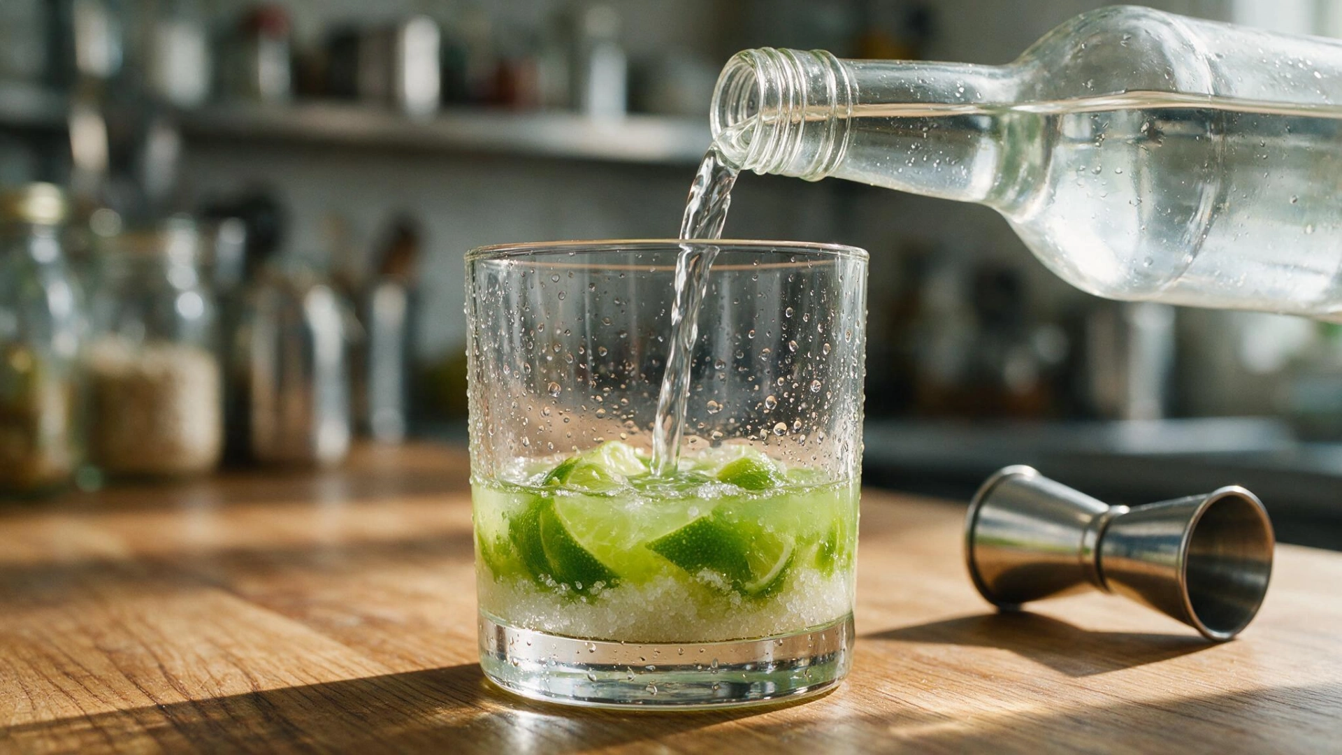 clear cachaça being poured into a rocks glass with muddled lime and sugar on a wooden countertop