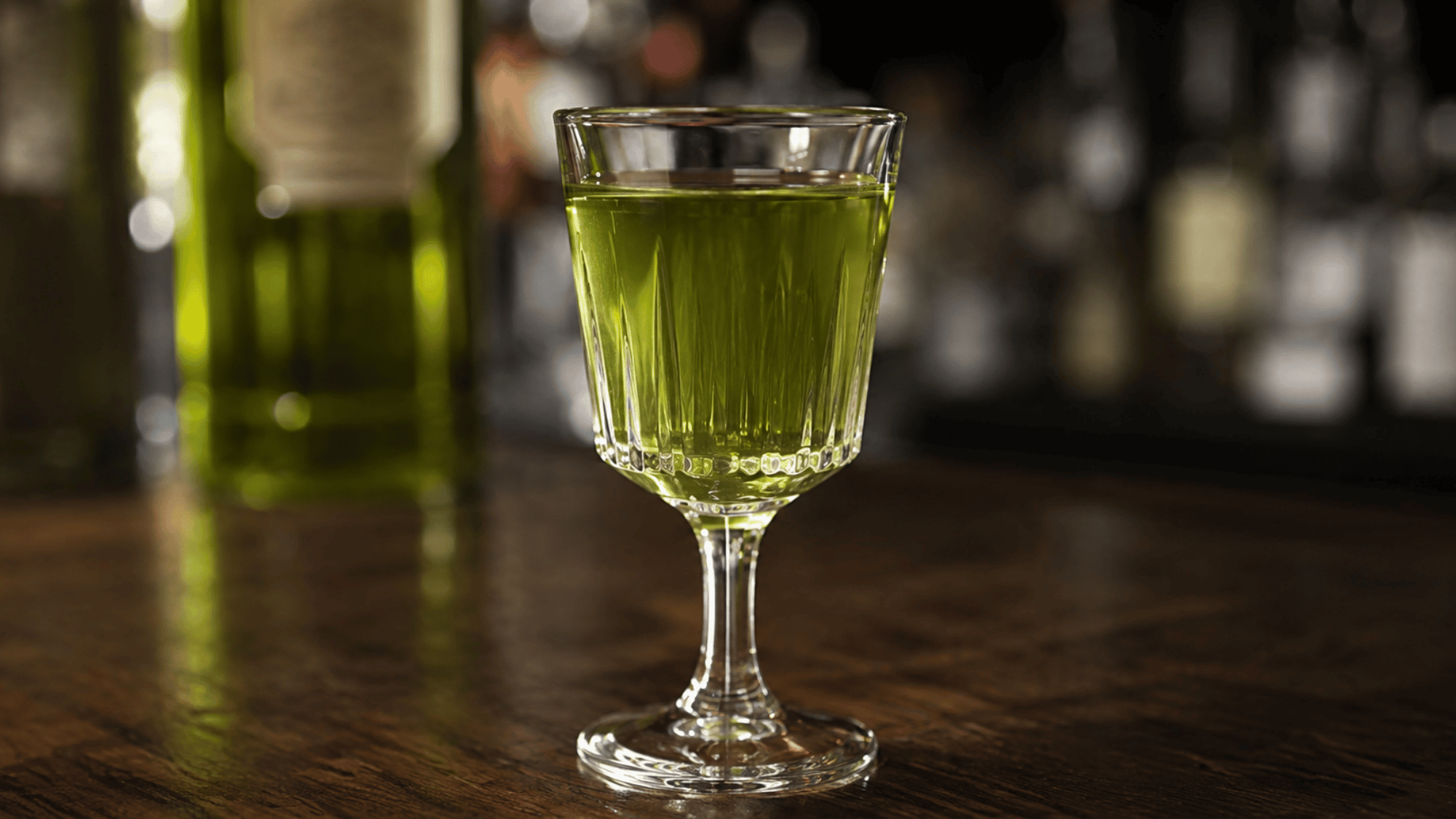 Clear green absinthe served in a stemmed glass on a wooden bar with a softly blurred bottle behind.