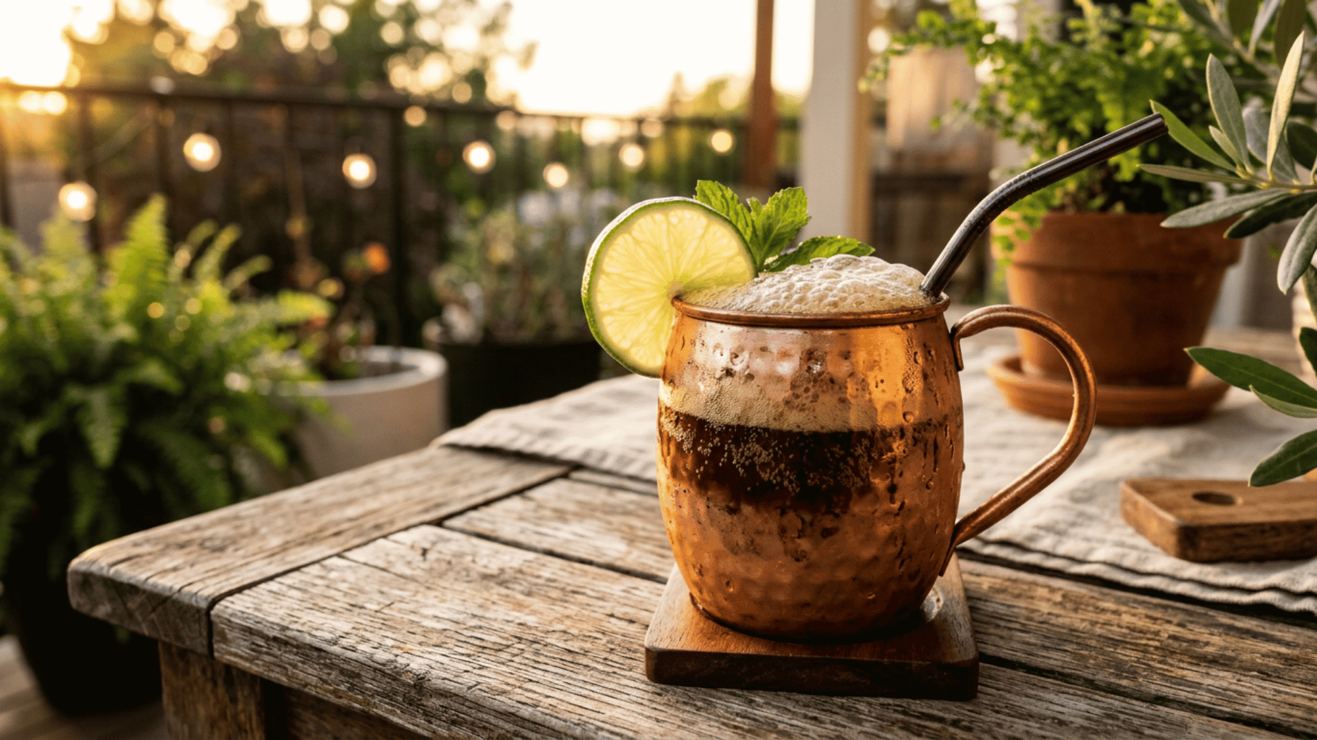 Coffee Ginger Fizz cocktail with ginger beer and lime peel garnish