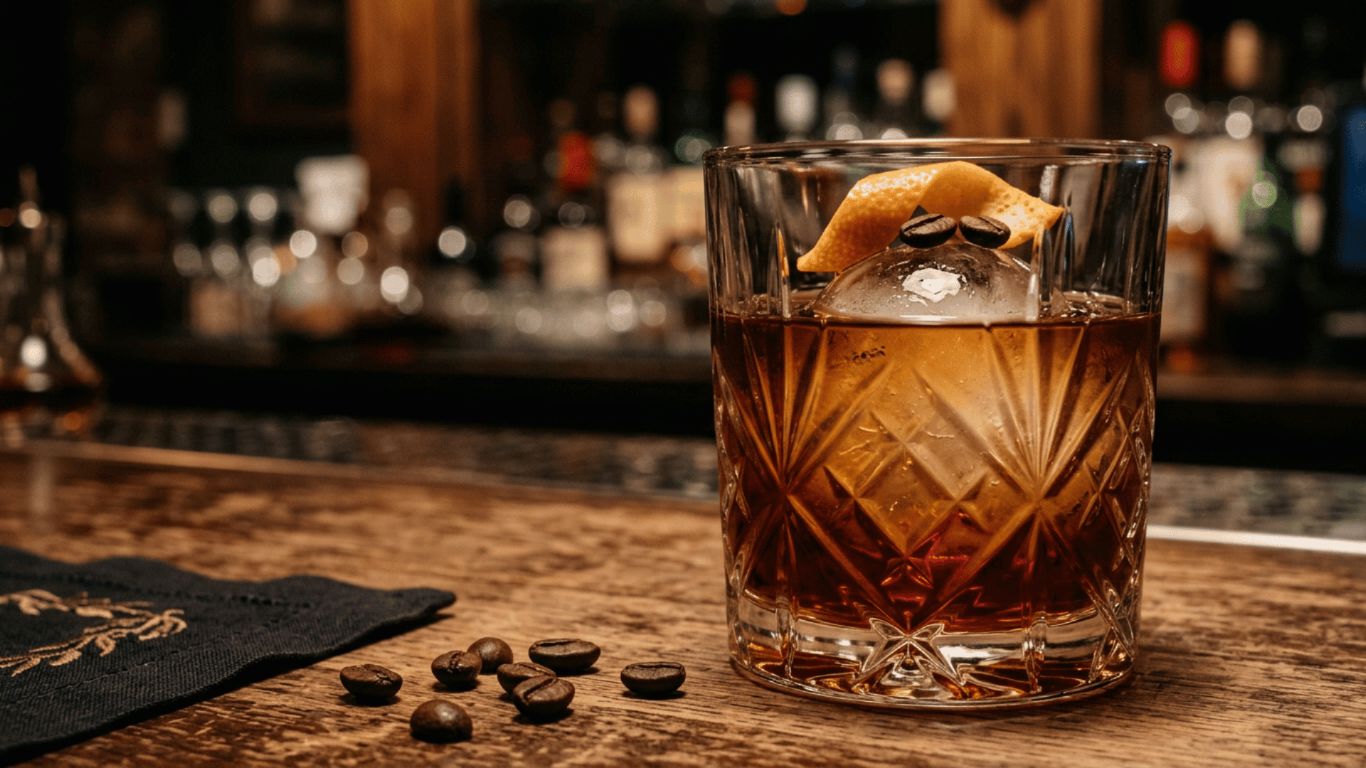 Coffee Old Fashioned with orange peel and coffee beans