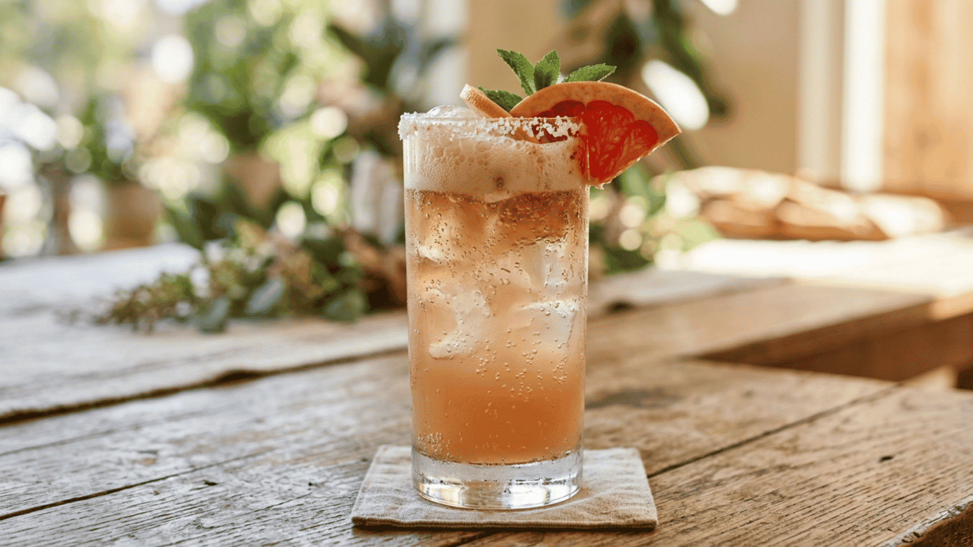 Coffee Paloma cocktail with grapefruit soda in a tall glass