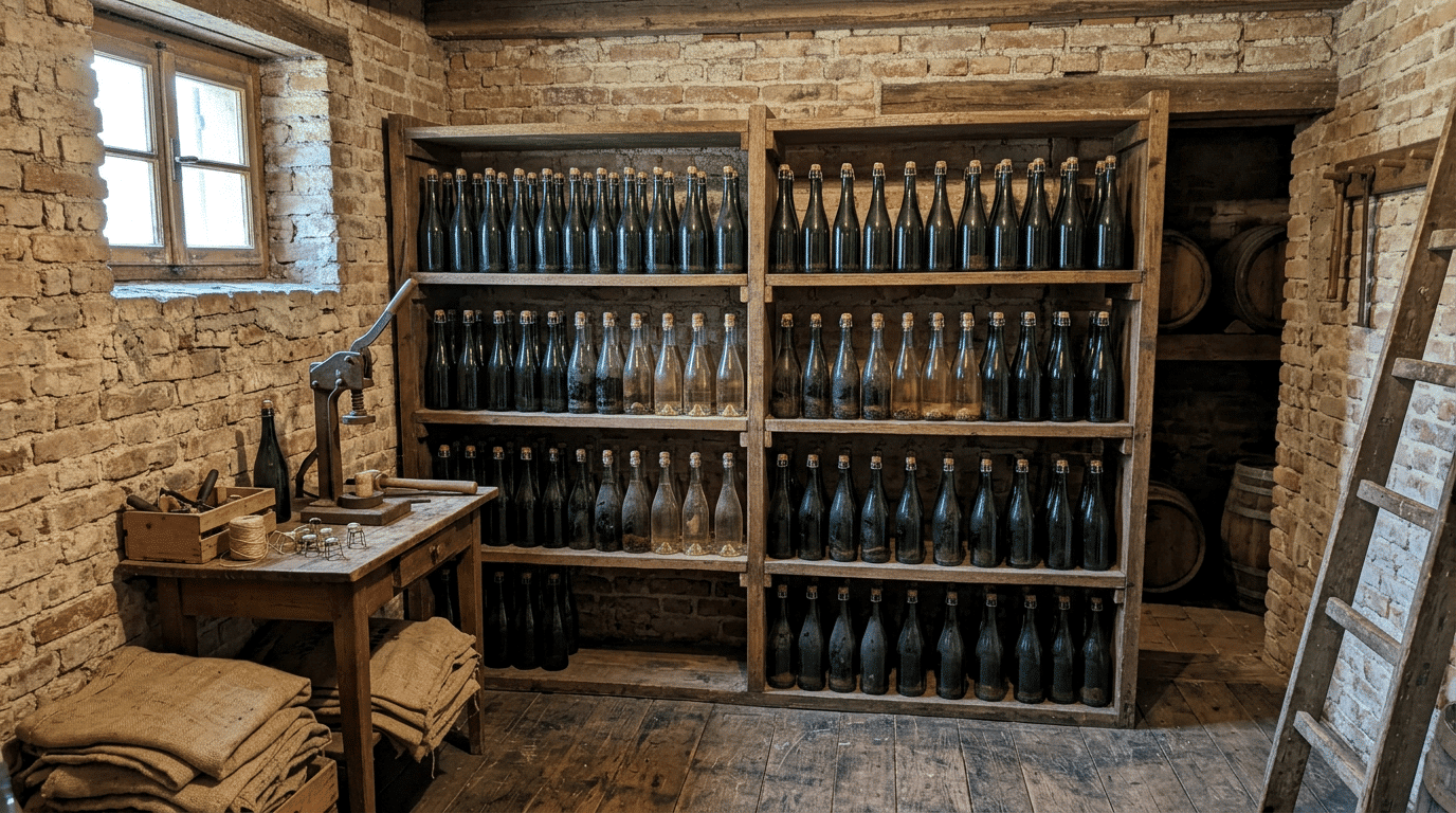 unlabeled Col Fondo Prosecco bottles with natural sediment on a rustic wooden shelf