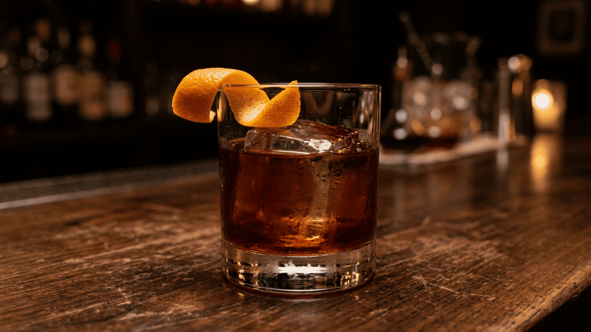 Cold Brew Negroni with orange peel and large ice cube