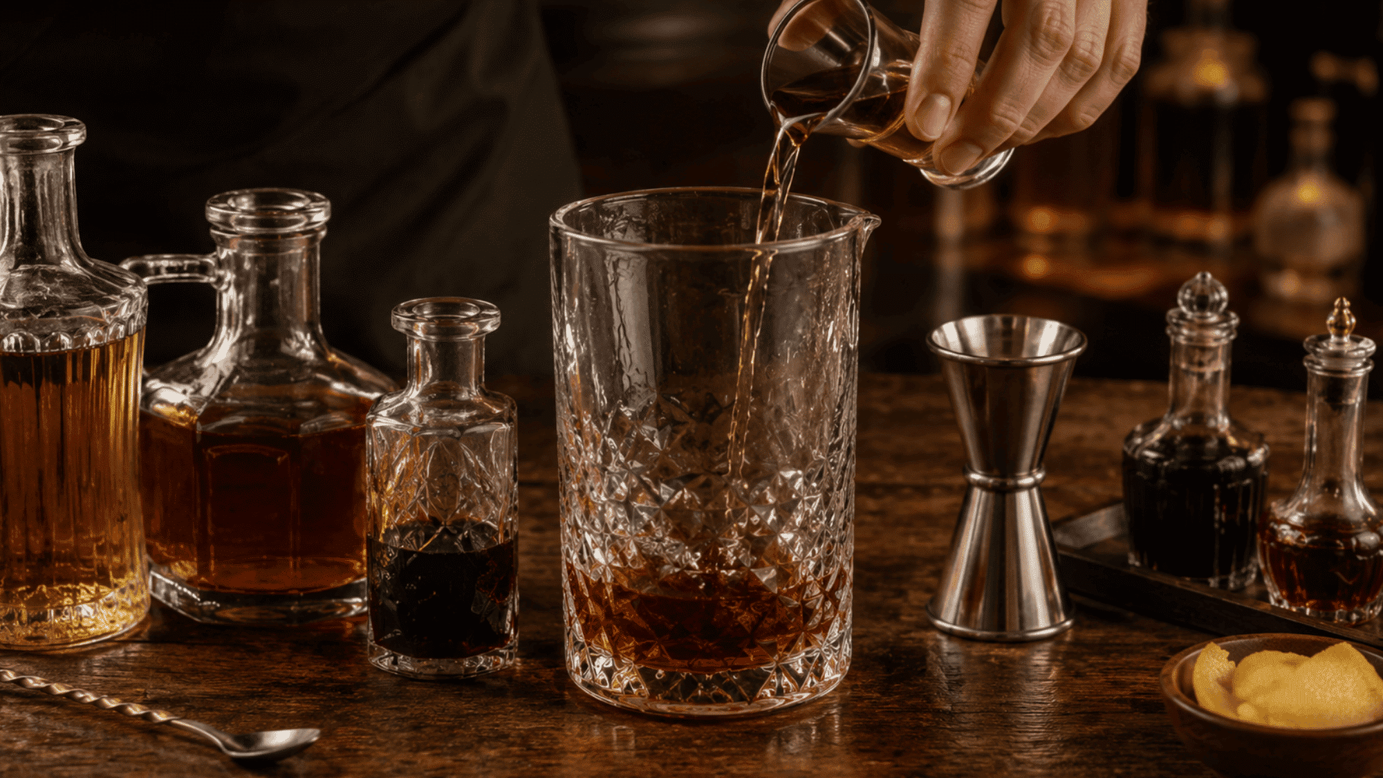 Hand pours whiskey into a crystal mixing glass beside a chilled rocks glass on a marble bar.