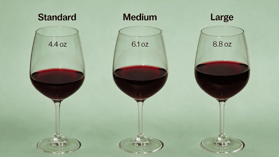 comparison of standard medium and large wine glass pour sizes showing 4.4 oz 6.1 oz and 8.8 oz servings
