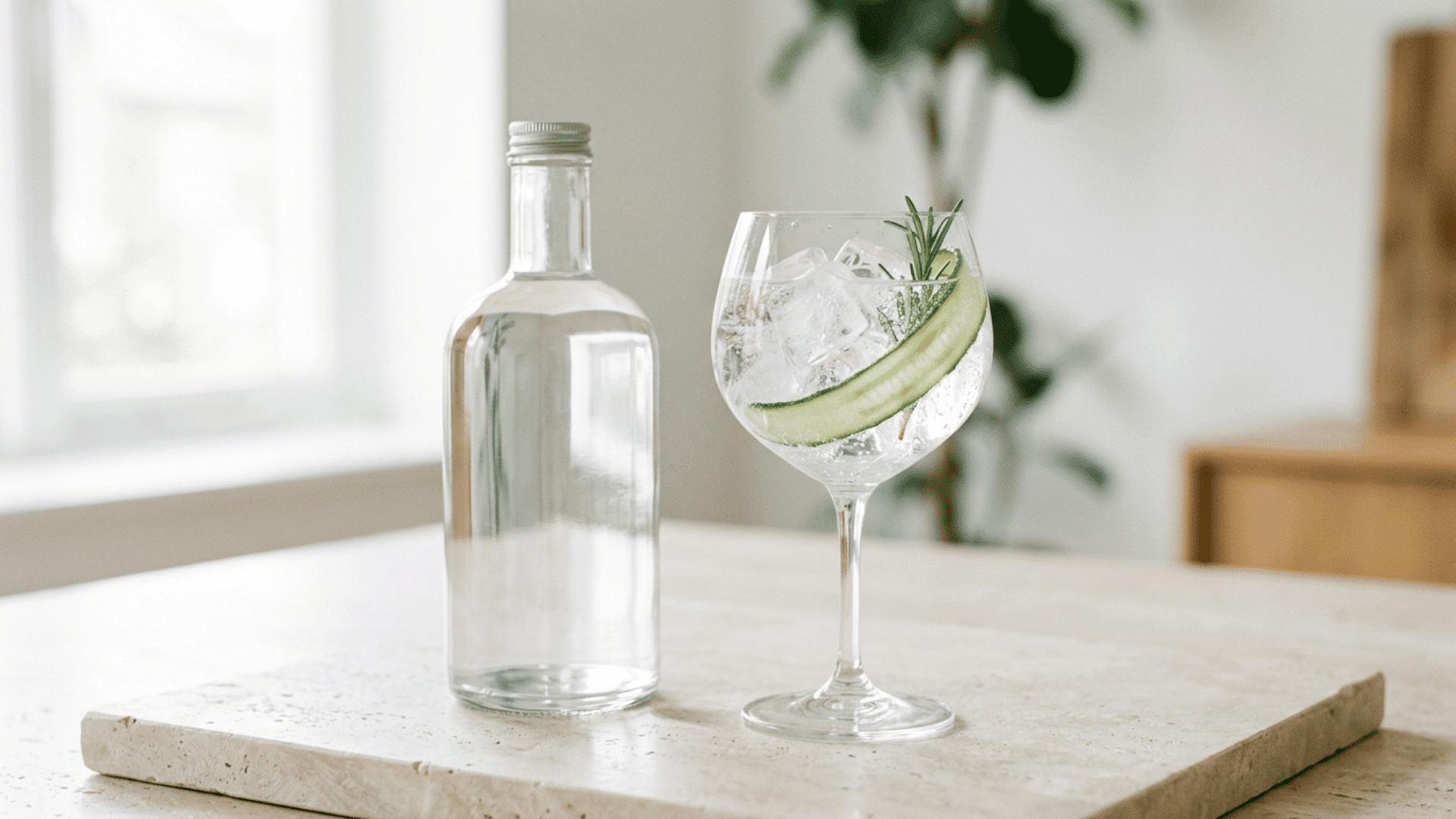 clear gin bottle beside a modern cocktail with ice, cucumber ribbon, and rosemary
