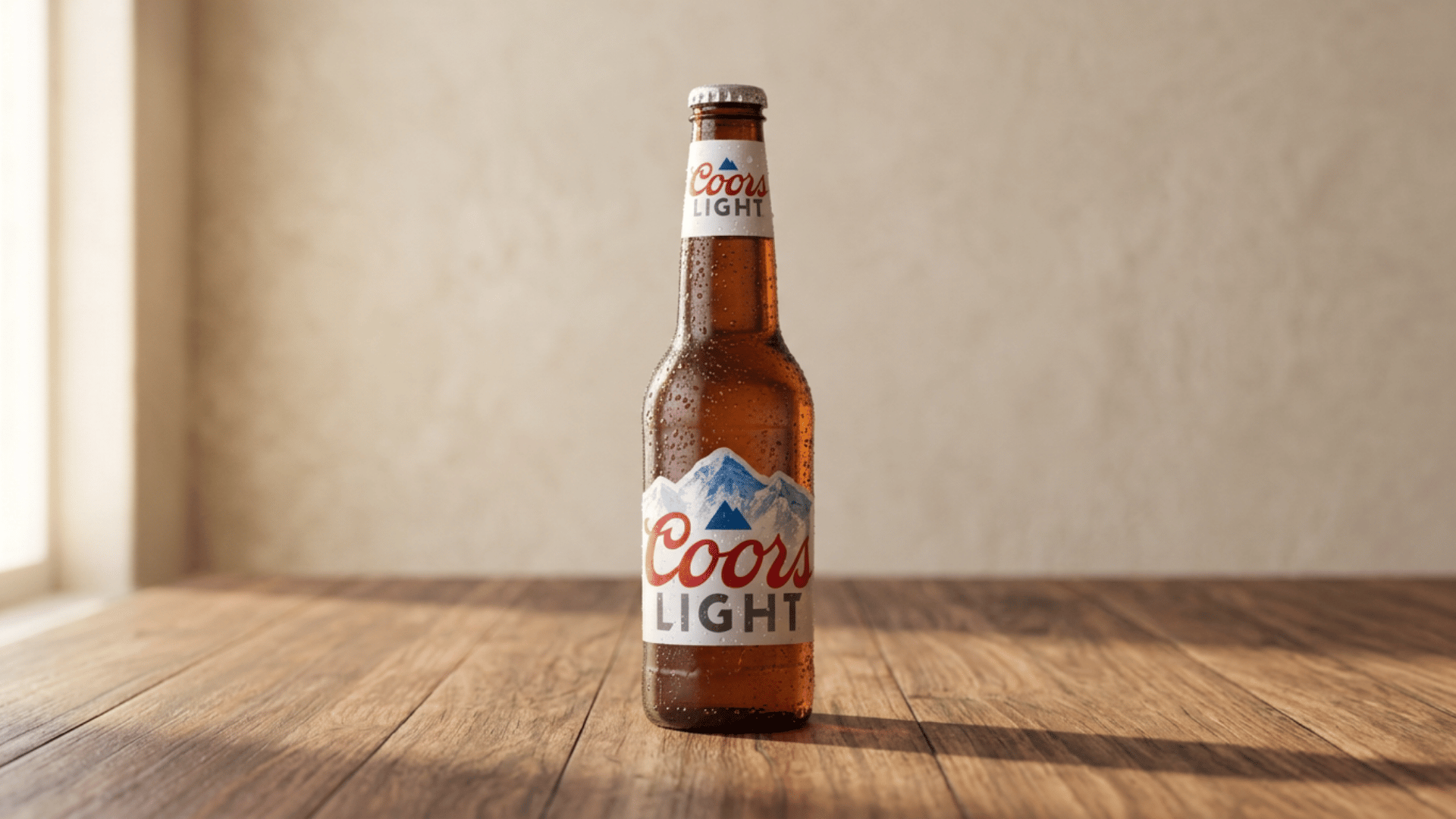 Coors Light bottle with water droplets on wooden surface and soft lighting.