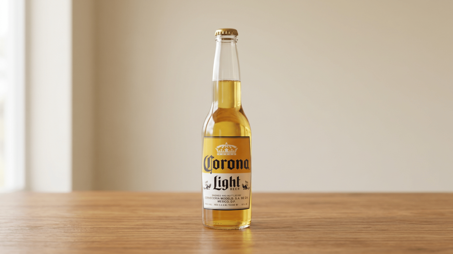 Corona Light bottle standing on wooden table with bright natural background.