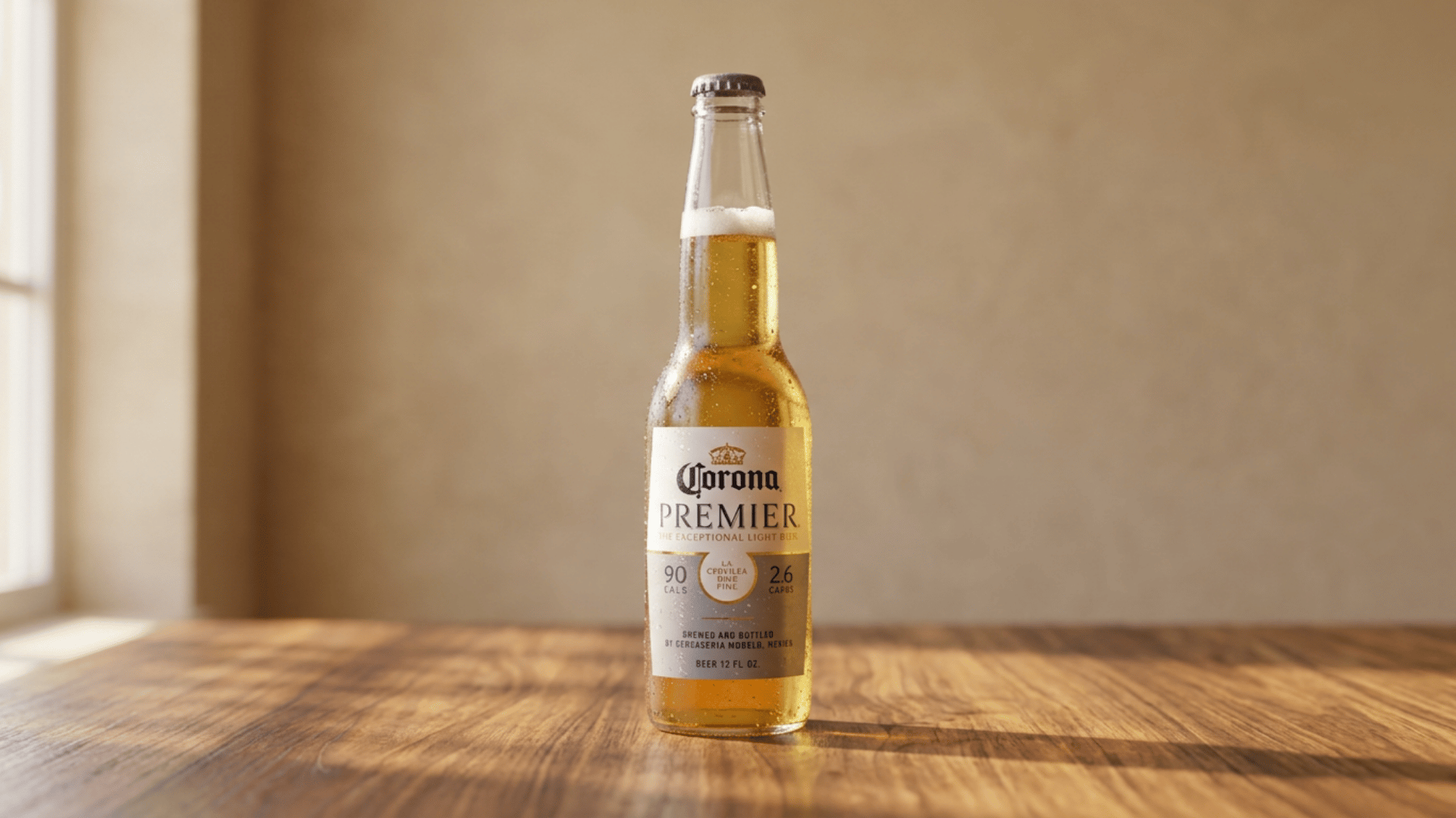 Corona Premier bottle on wooden table with natural light and minimal background.