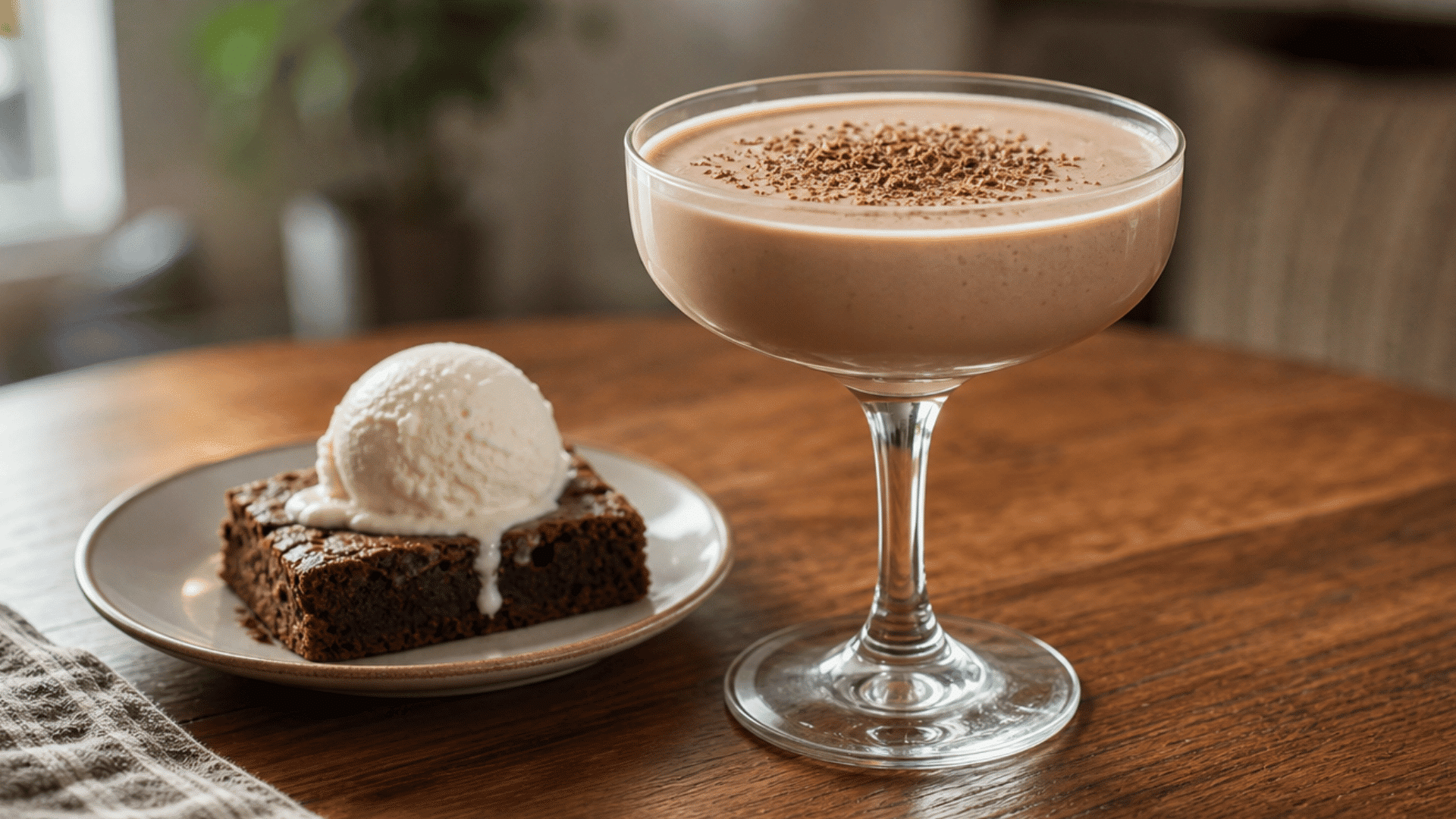 creamy mudslide cocktail paired with a warm chocolate brownie and vanilla ice cream on a table