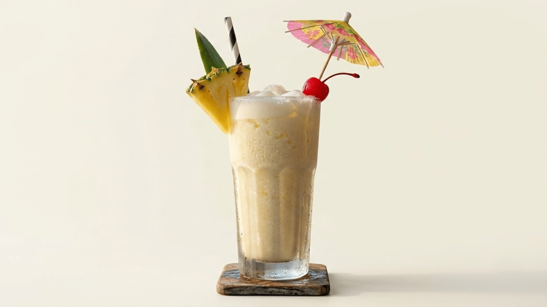 creamy piña colada cocktail with pineapple wedge and cherry garnish in a tall glass