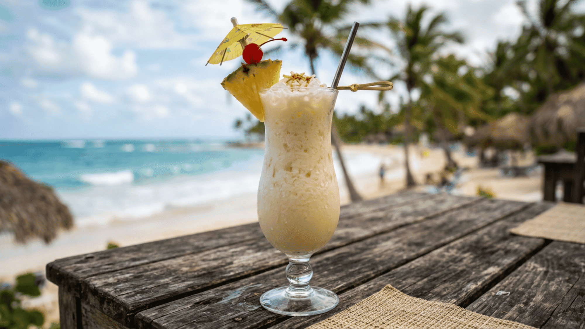 Creamy Piña Colada with pineapple and cherry garnish on a rustic beachside table overlooking tropical ocean.