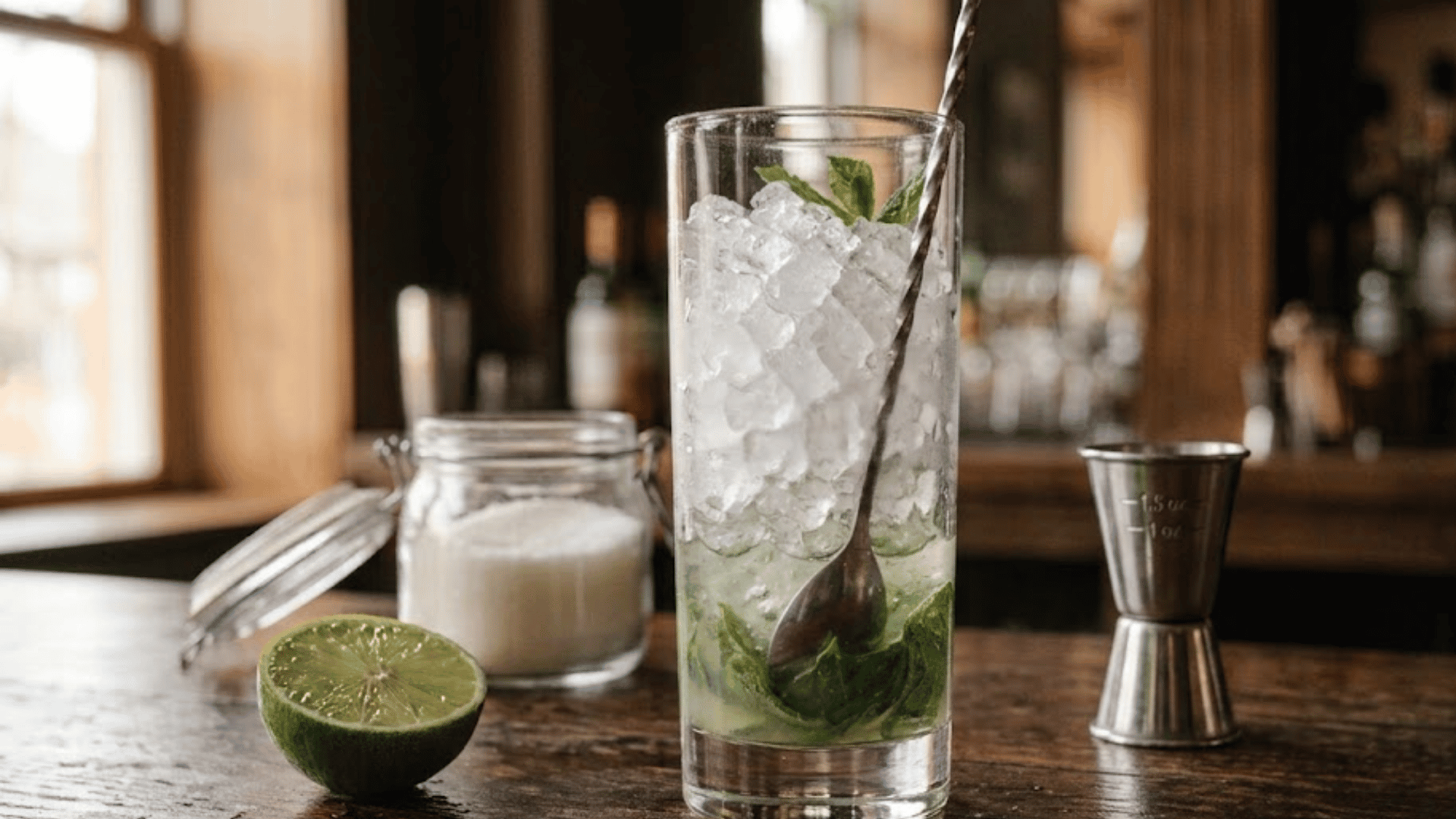 crushed ice added to a mojito and stirred in a tall glass