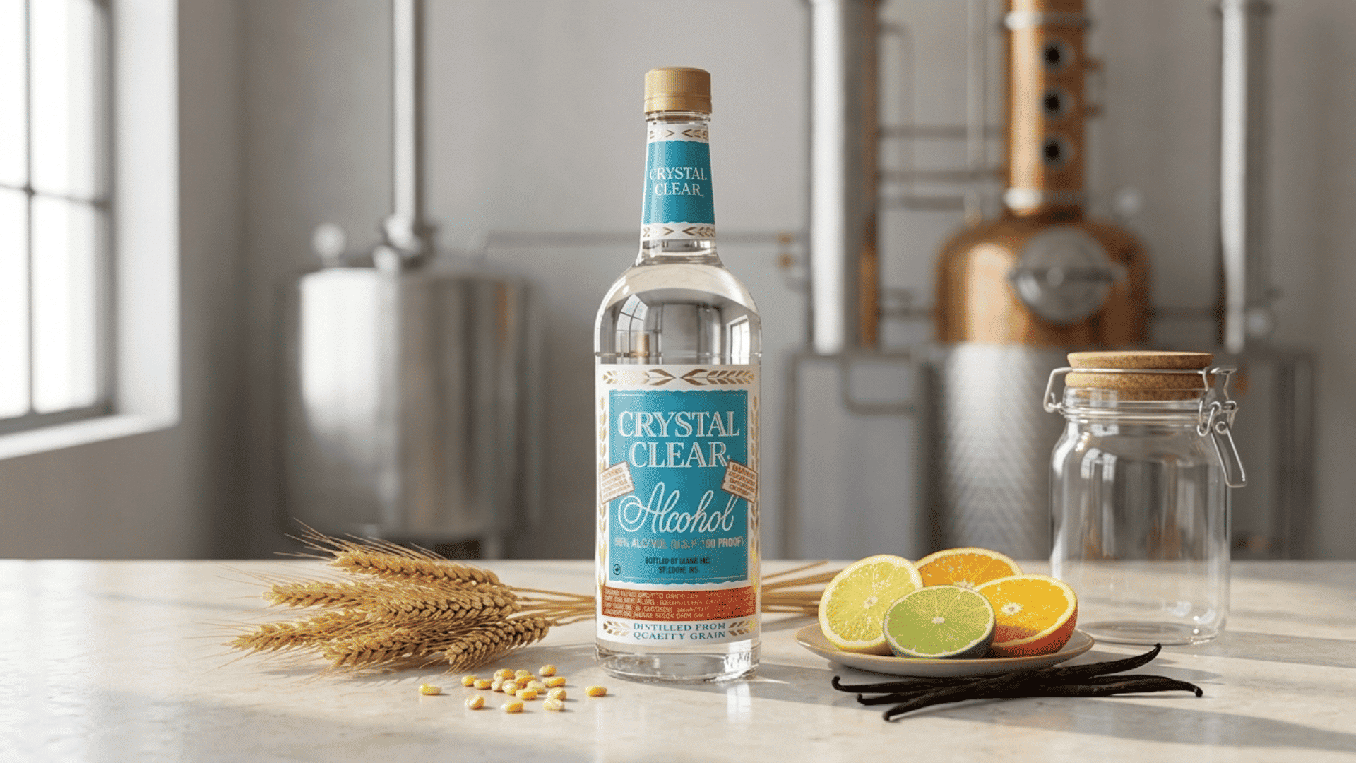 crystal clear bottle beside wheat, citrus halves, vanilla beans, and a glass jar