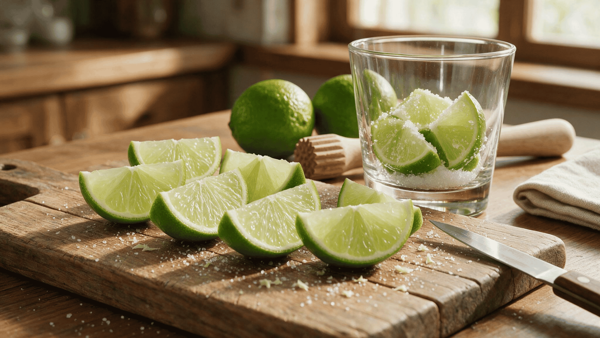 close-up of fresh lime wedges with trimmed white pith on a wooden cutting board for caipirinha preparation