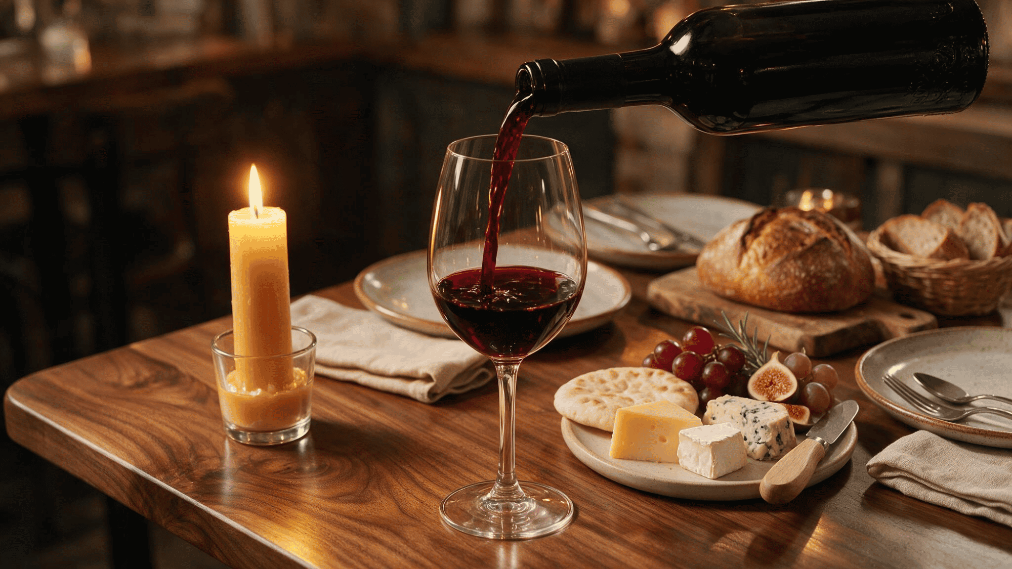 Deep purple red wine being poured into a wide Bordeaux glass on a candlelit walnut dining table