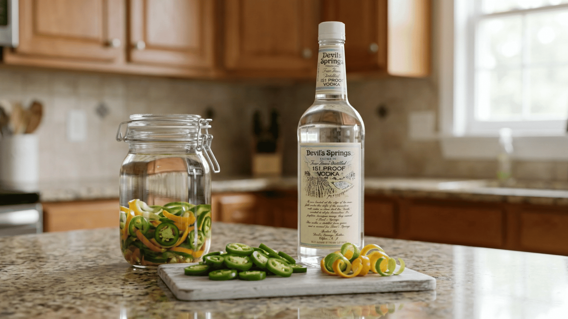 devil springs vodka bottle with sliced jalapeños, citrus peel and infusion jar