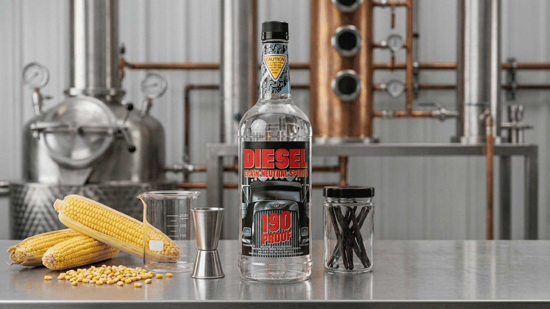diesel grain spirit bottle beside corn, measuring tools, and a vanilla bean jar.