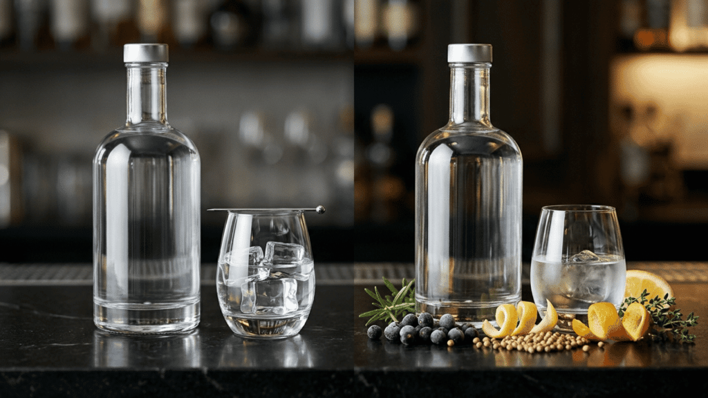 clear gin and vodka bottles with ice-filled glasses, citrus, herbs, and berries.