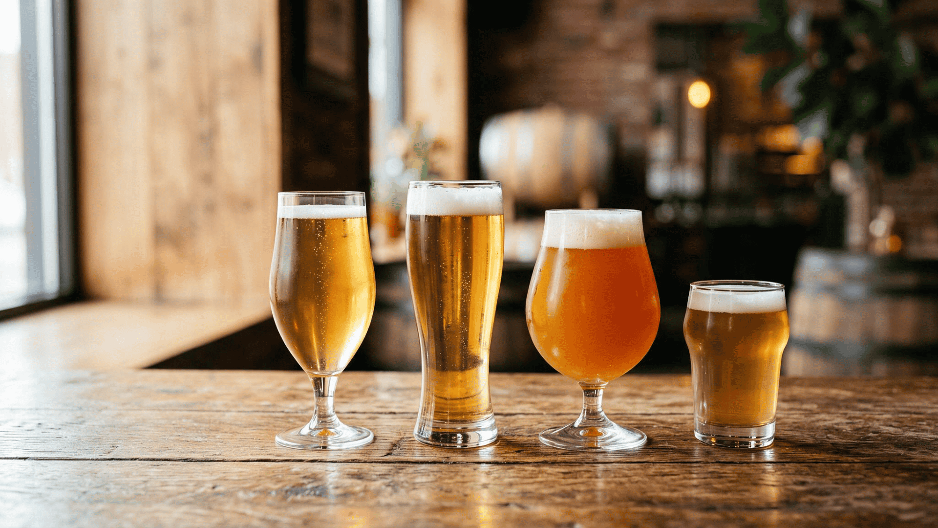 different types of beer in glasses on a wooden table