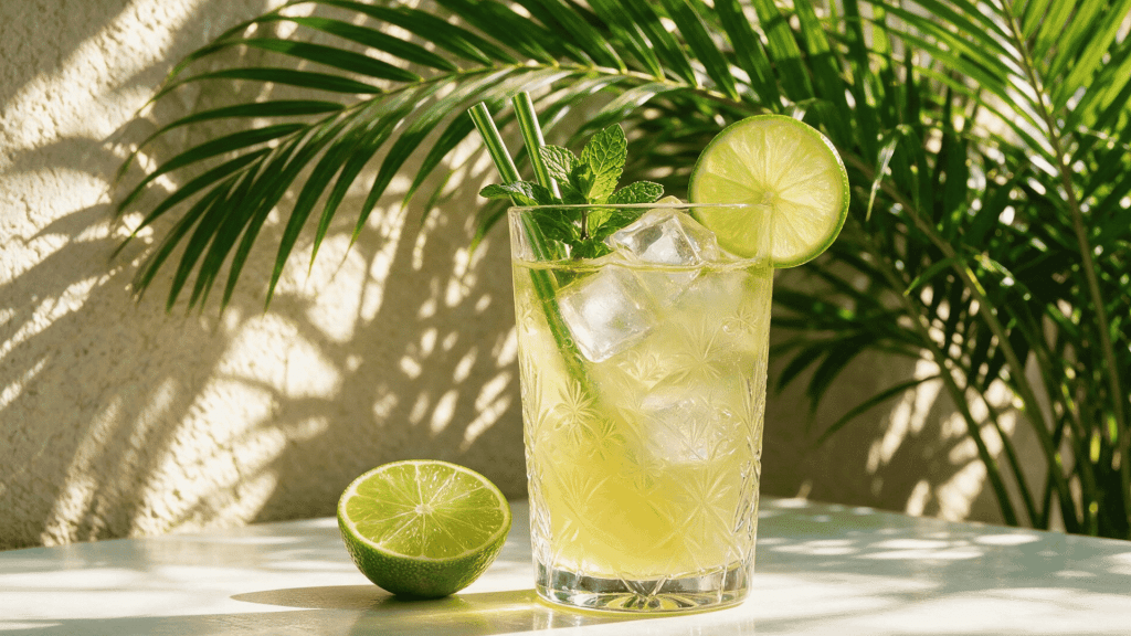 fresh glass of tequilla kept beside a lemon in sunlight