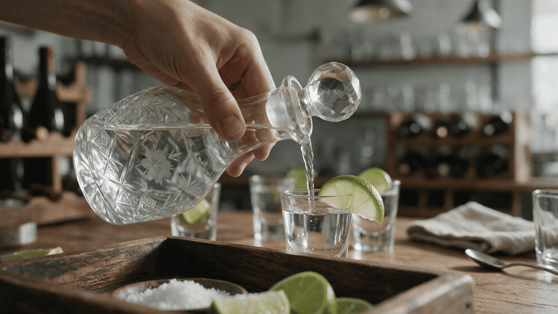 Tequila poured from a crystal decanter into a lime-garnished shot glass on a bar table.