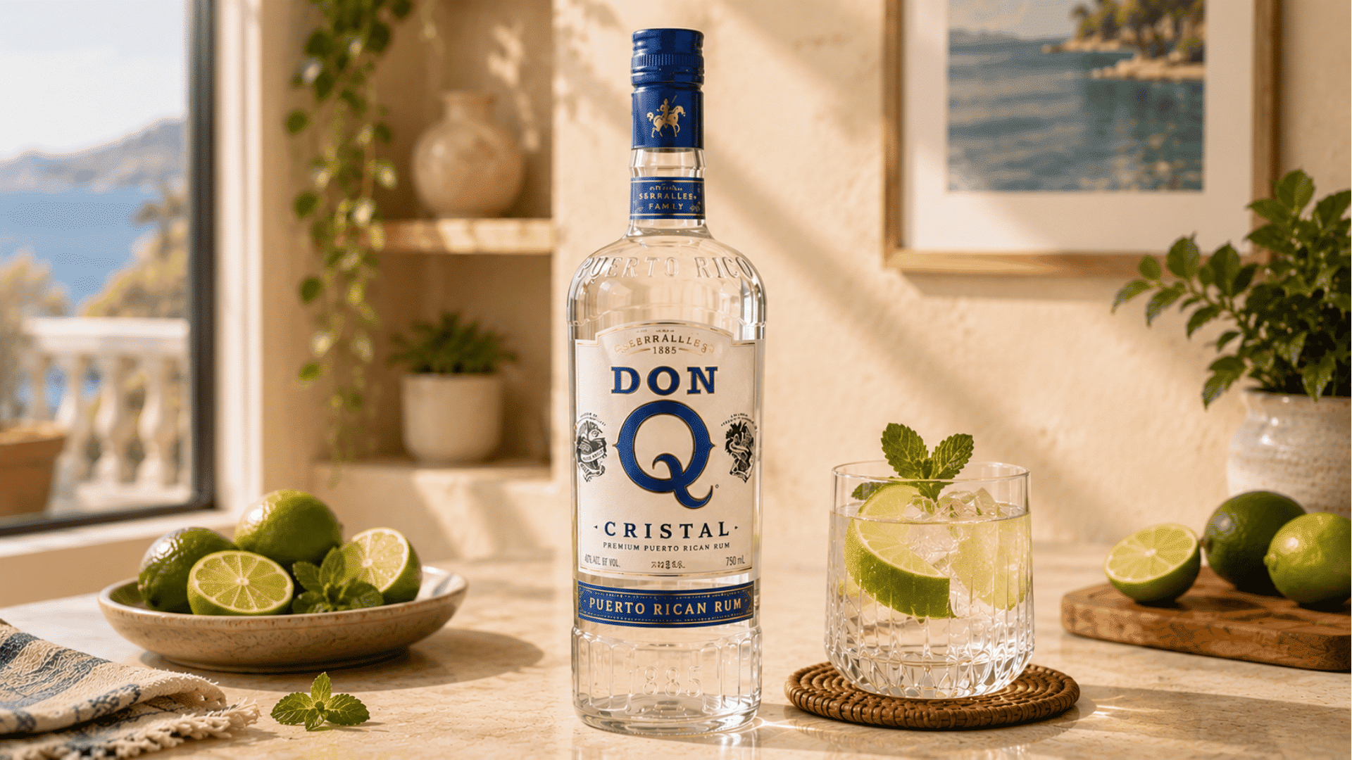 Don Q Cristal white rum bottle with mojito, mint, and fresh limes in warm natural light.
