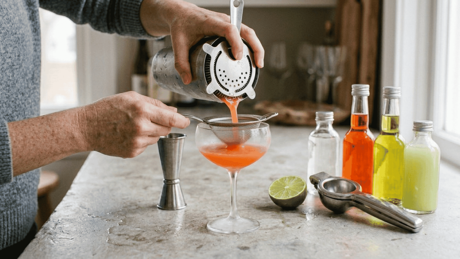 hands double-straining a coral cocktail from a metal shaker into a chilled coupe
