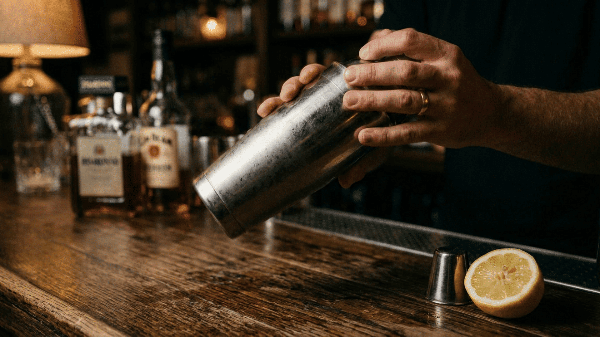 hands firmly dry shake a sealed metal cocktail shaker on a warm wooden bar