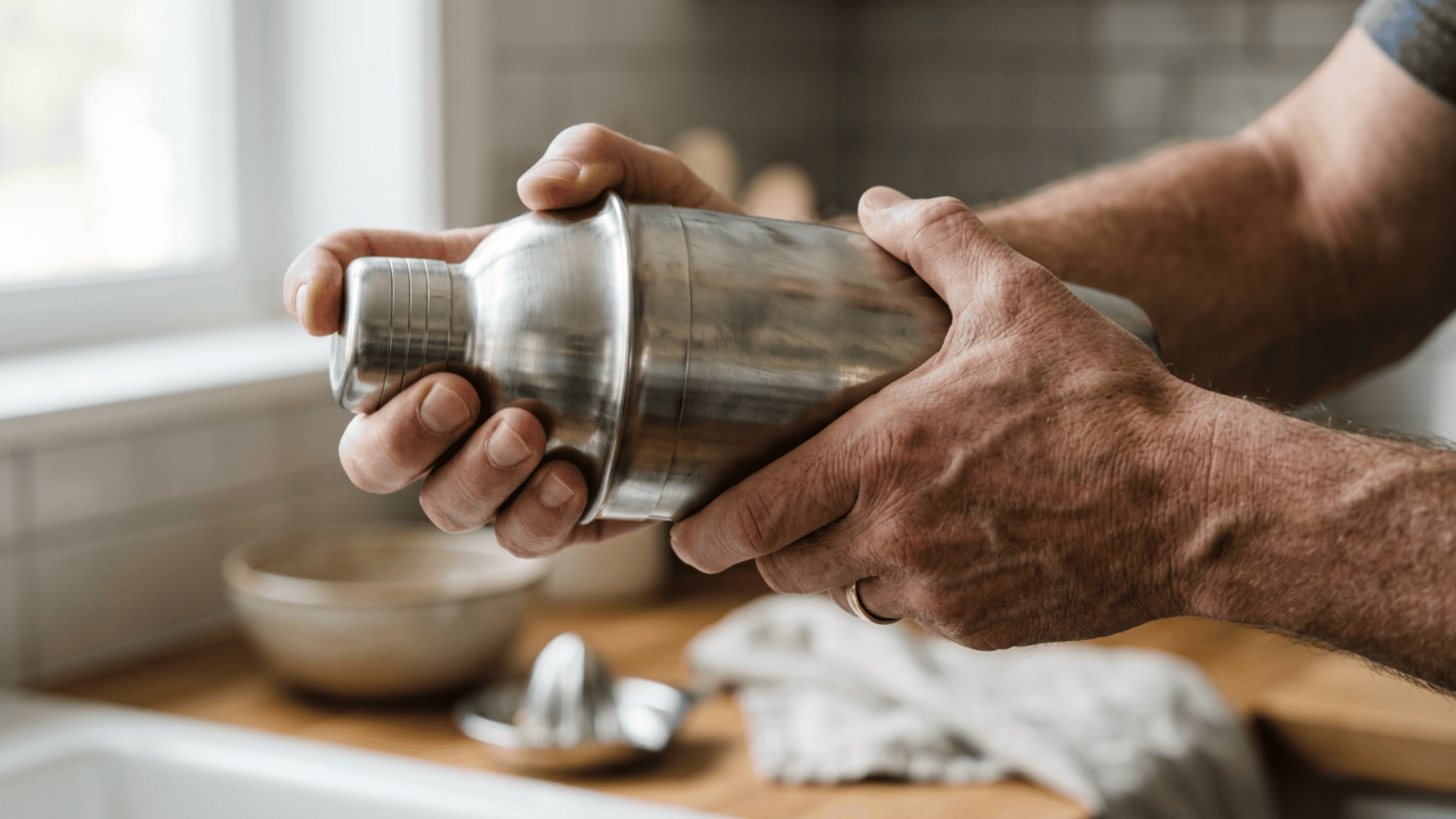 hands dry shake a sealed cocktail shaker for a foamy whiskey sour
