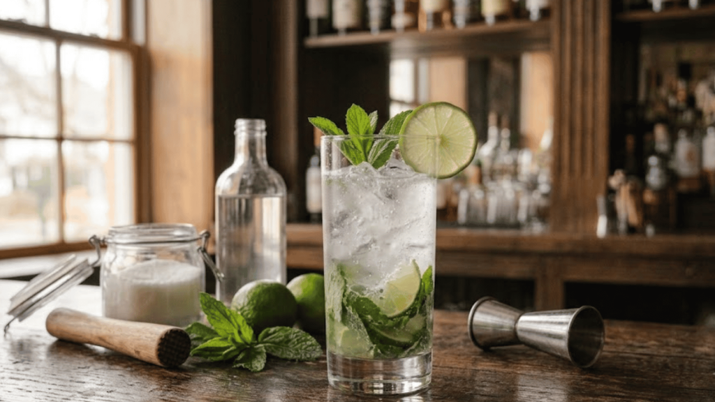 finished mojito with mint and lime beside cocktail tools on a wooden bar