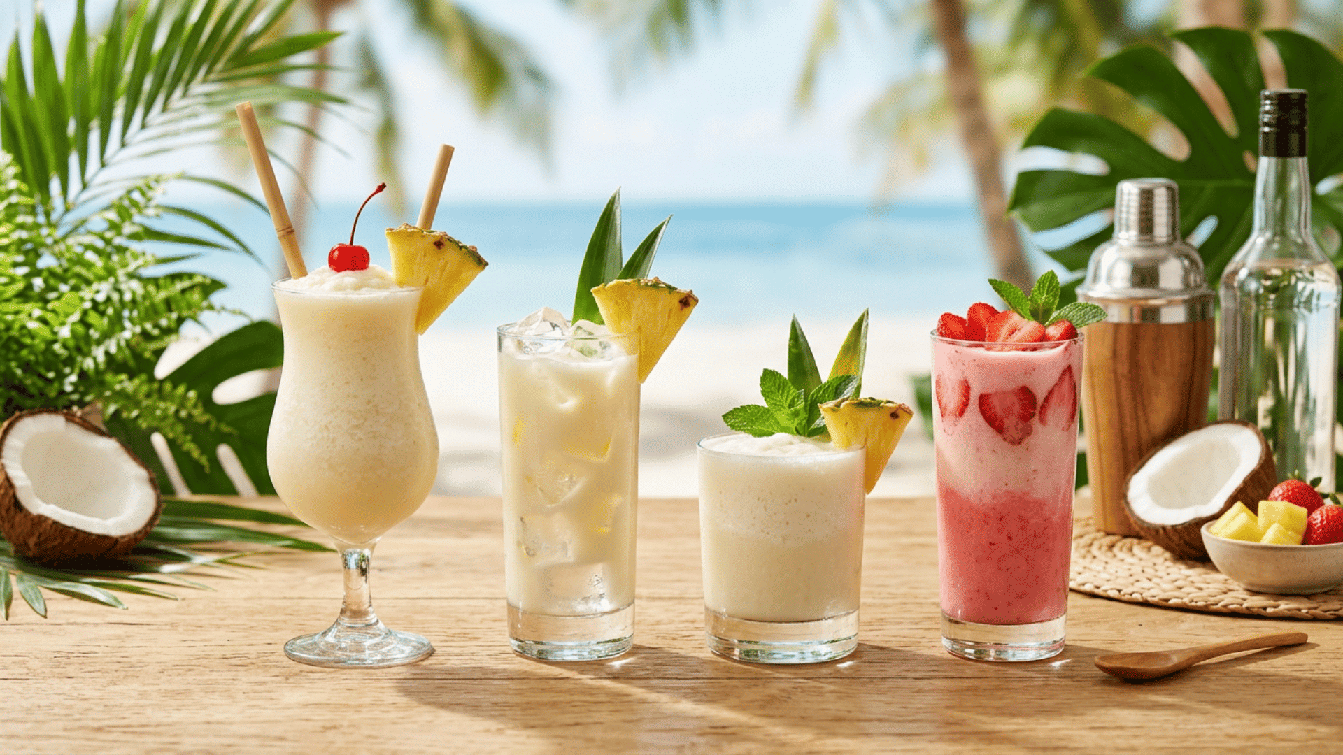 four piña colada variations, including classic, on-the-rocks, virgin, and strawberry.