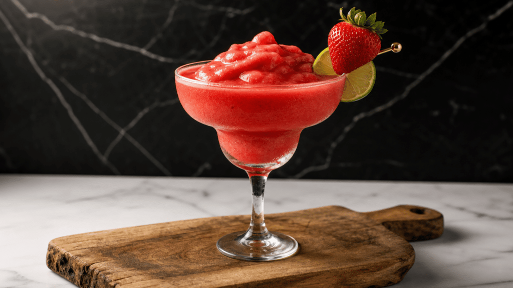 Frozen strawberry daiquiri with fresh strawberry and lime garnish on a wooden board.
