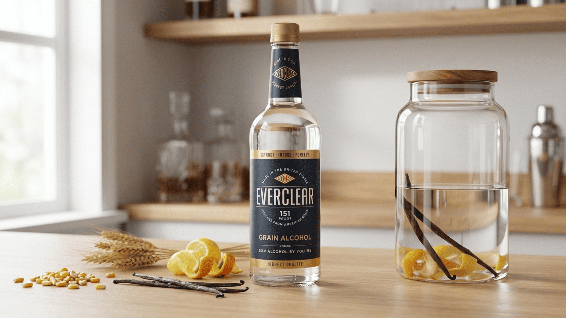 everclear bottle among vanilla beans, citrus peel, wheat, and glass infusion jar