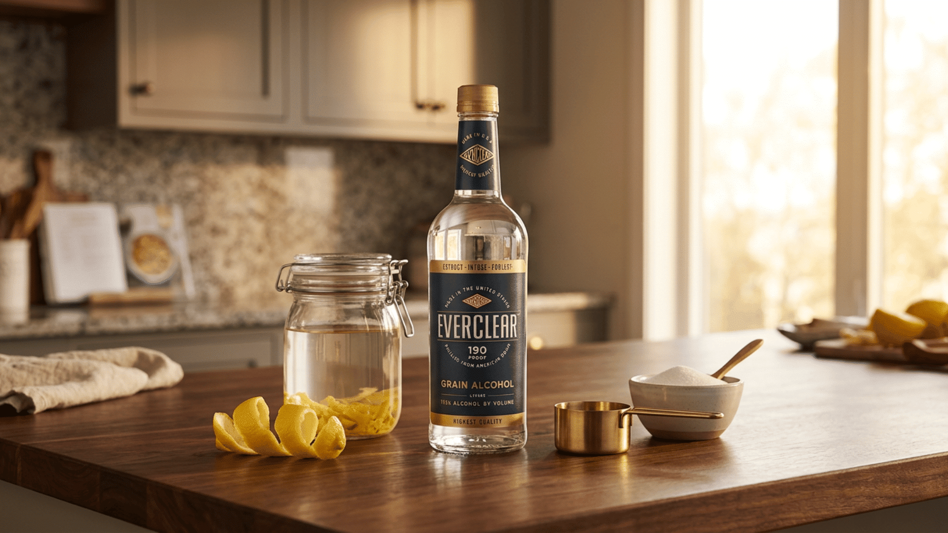 everclear bottle beside lemon peels, infusion jar, sugar and measuring cup