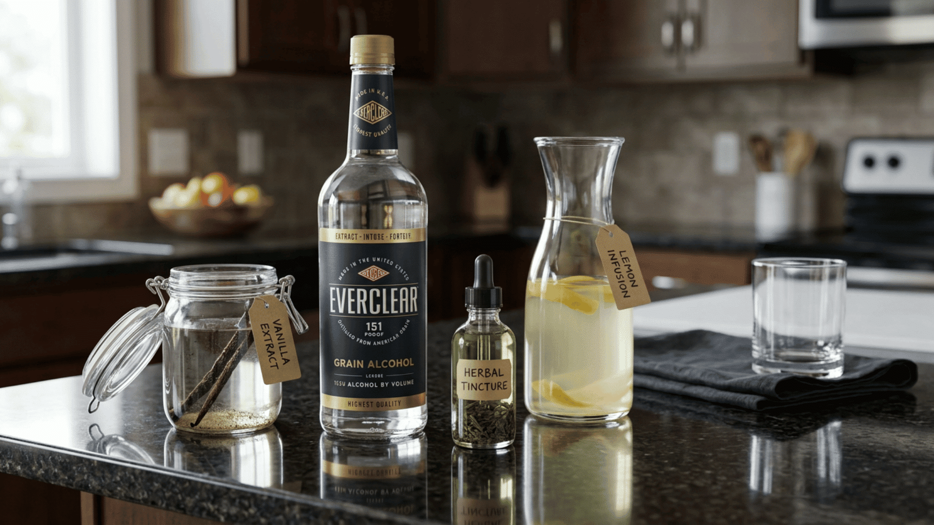 everclear bottle beside vanilla extract, herbal tincture, and lemon infusion jar
