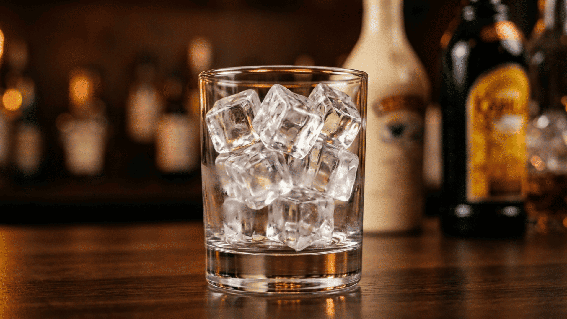 clear rocks glass filled with large ice cubes on a warm, softly lit wooden bar