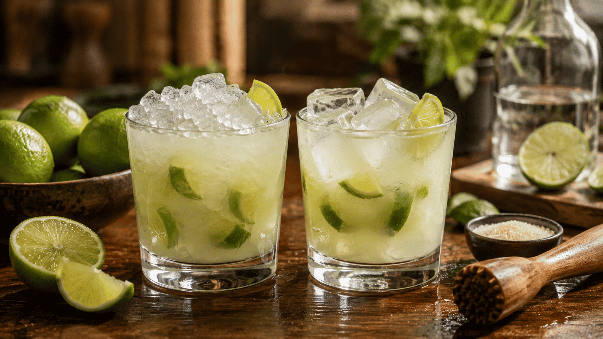 rocks glass filled with crushed ice over muddled lime and cachaça on a wooden countertop