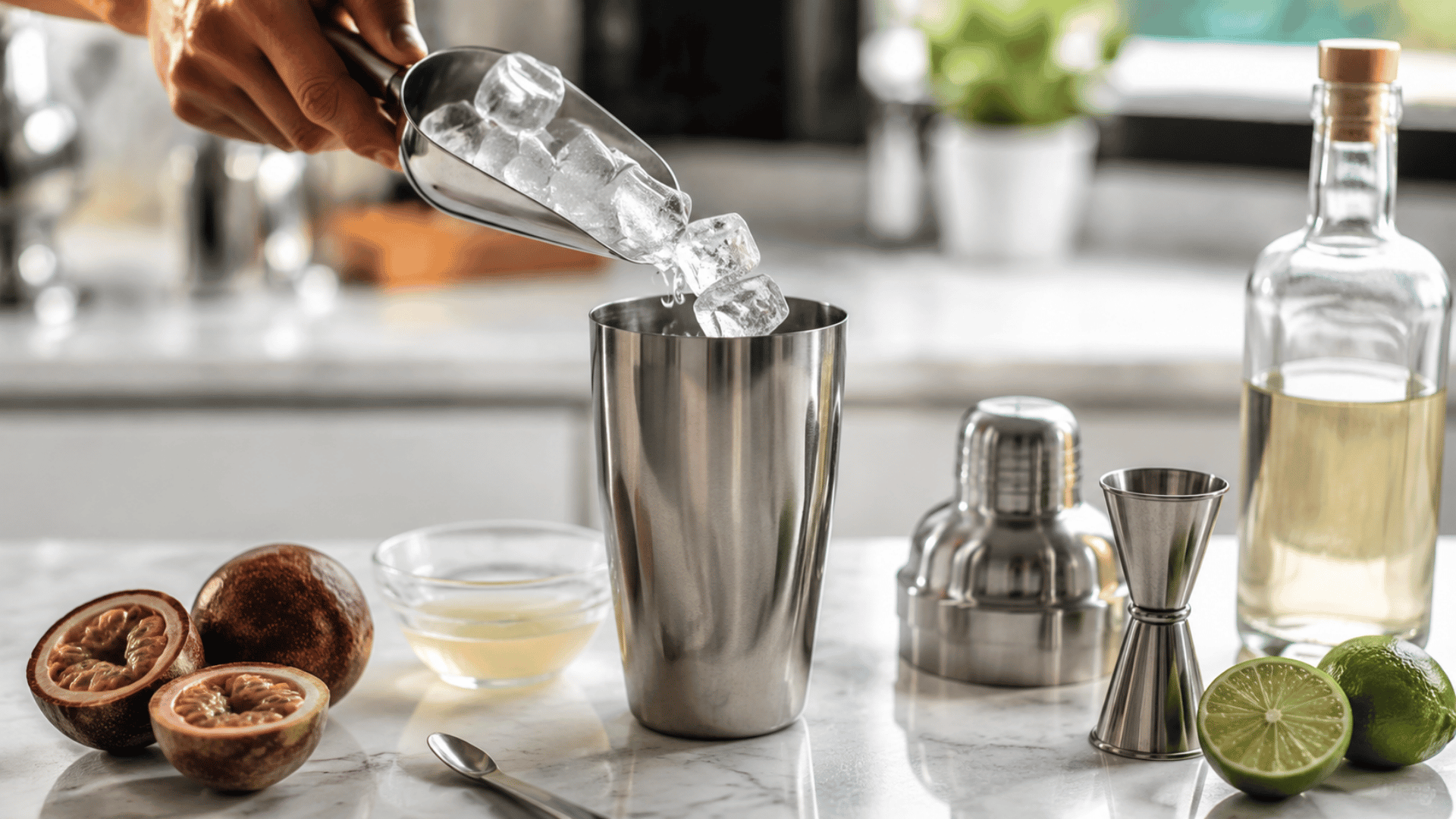 Bartender filling a stainless steel cocktail shaker with fresh ice cubes on a marble countertop.