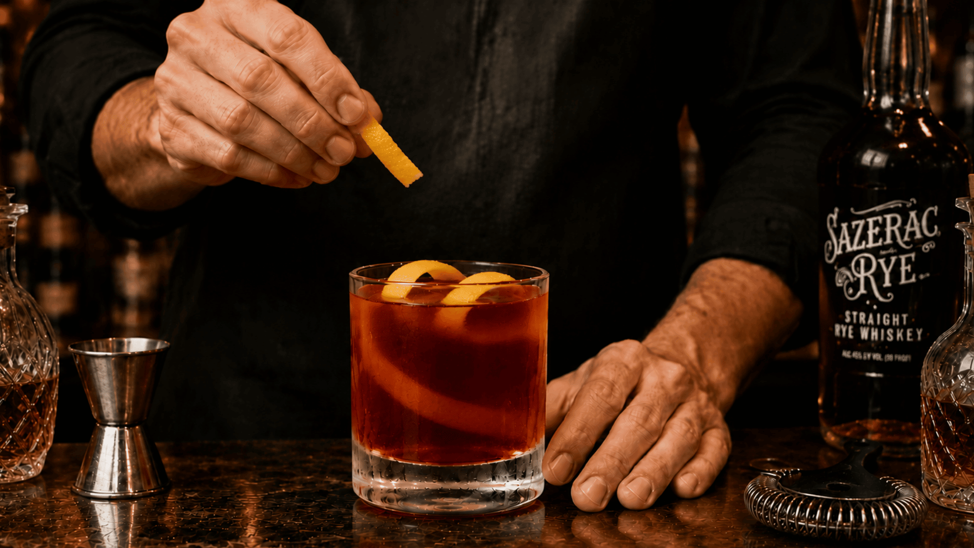 Bartender adding a lemon peel garnish to a finished Sazerac cocktail