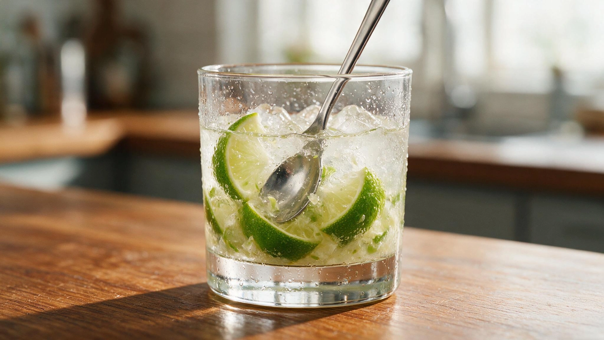 finished caipirinha with muddled lime wedges and crushed ice being stirred in a rocks glass on a wooden bar counter