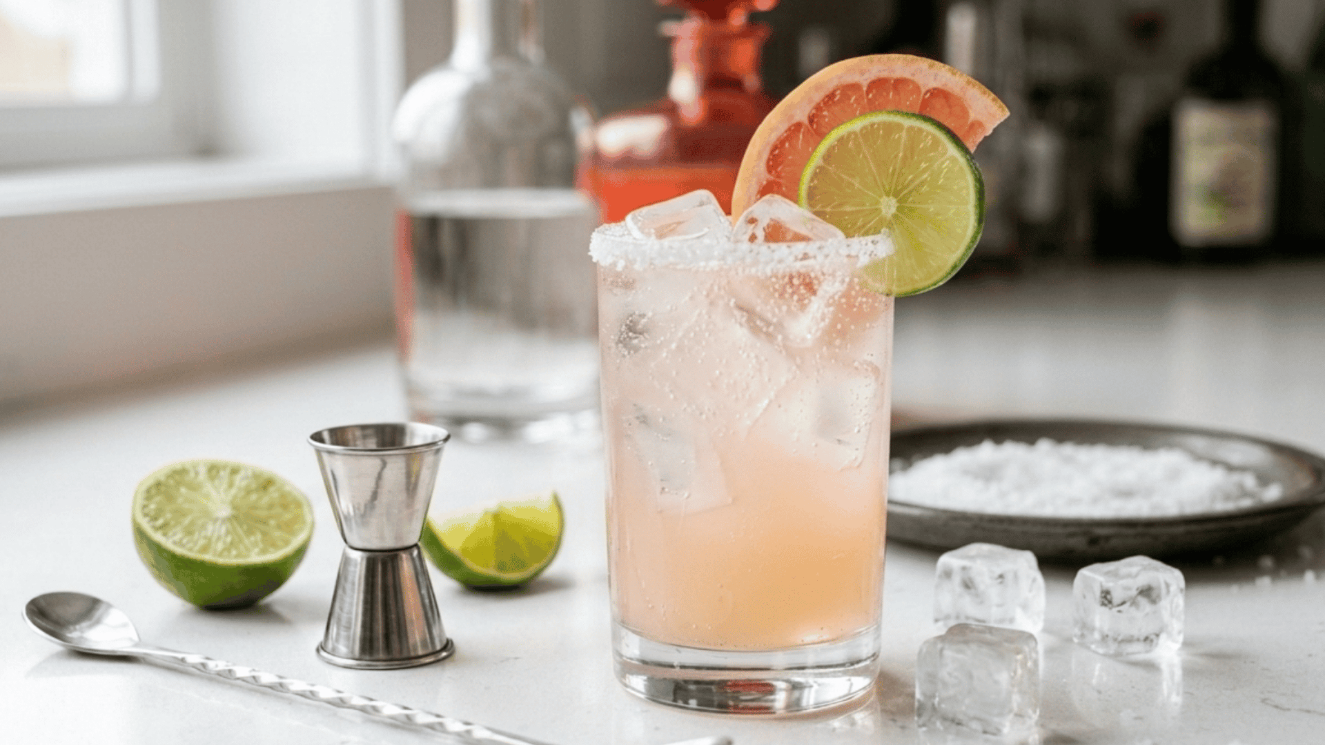 finished paloma with grapefruit and lime garnish beside bar tools.