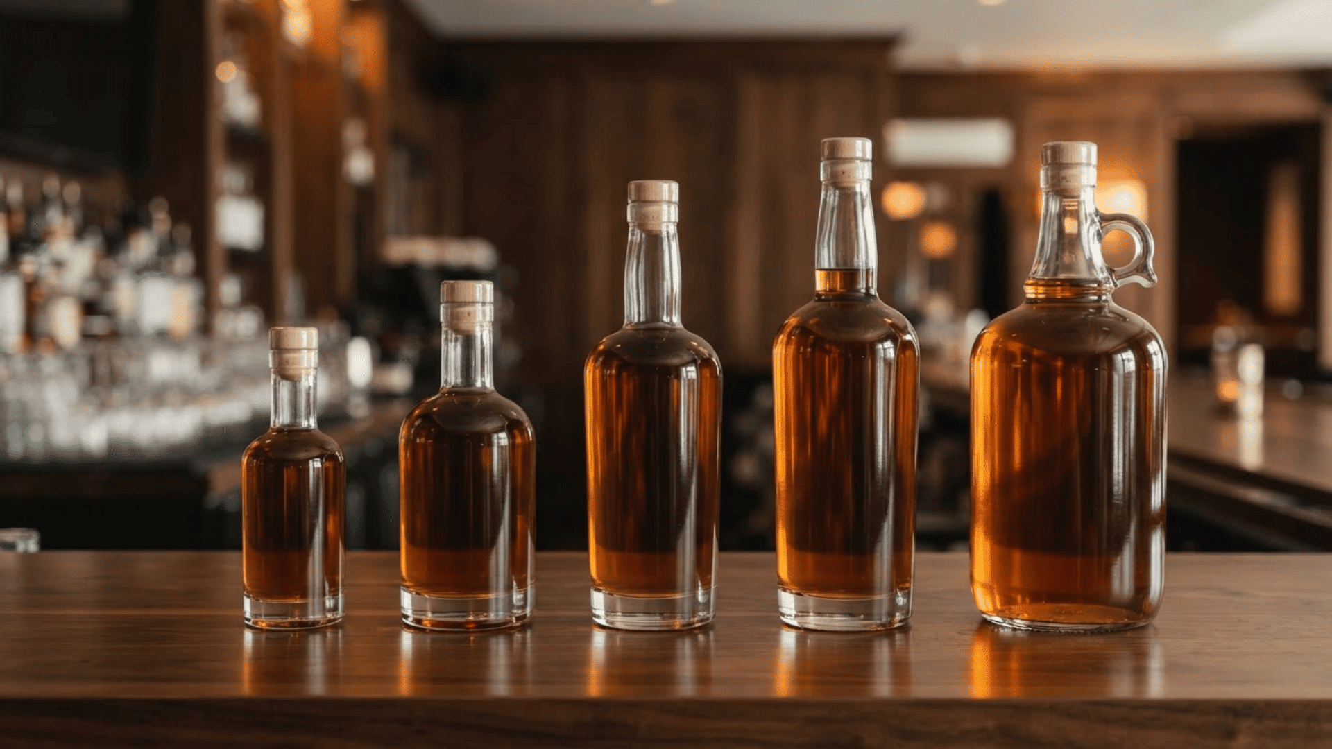 five liquor bottles in different sizes arranged on a wooden bar with warm lighting
