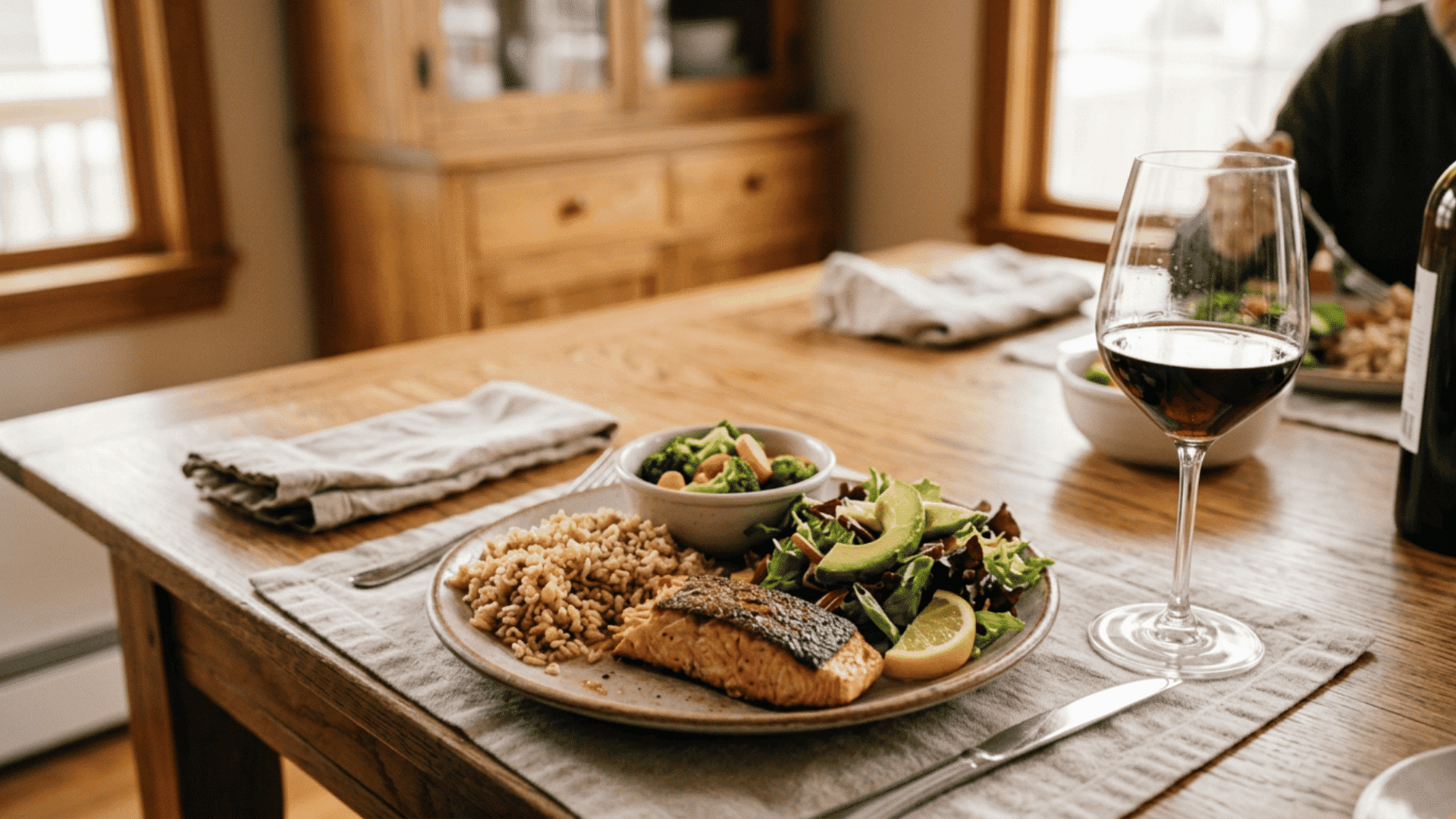 Plate of food with salmon, salad, grains, and wine glass showing alcohol and meal pairing.