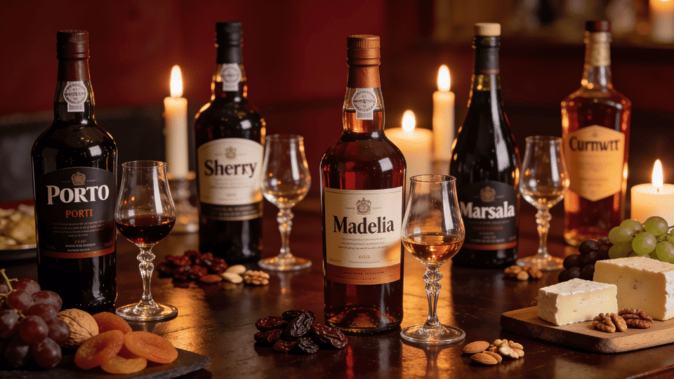 fortified wine bottles including port, sherry, madeira, marsala, and vermouth displayed with cheese, dried fruit, nuts, and tasting glasses
