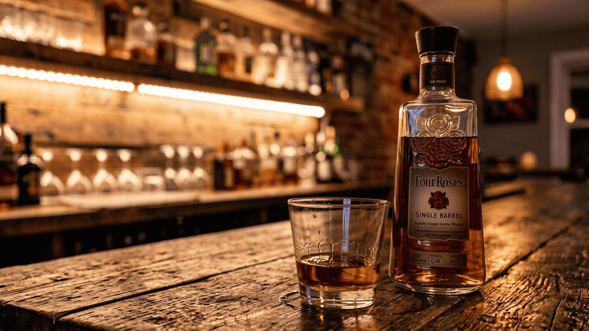 four roses single barrel bourbon bottle and a poured glass on a rustic bar counter at dusk