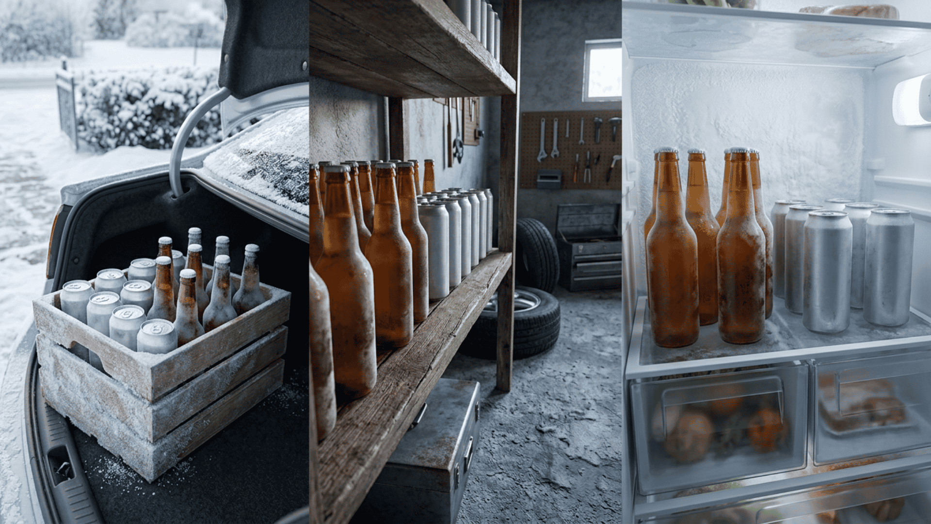 beer stored in a snowy car trunk, garage, and frosted refrigerator collage scene