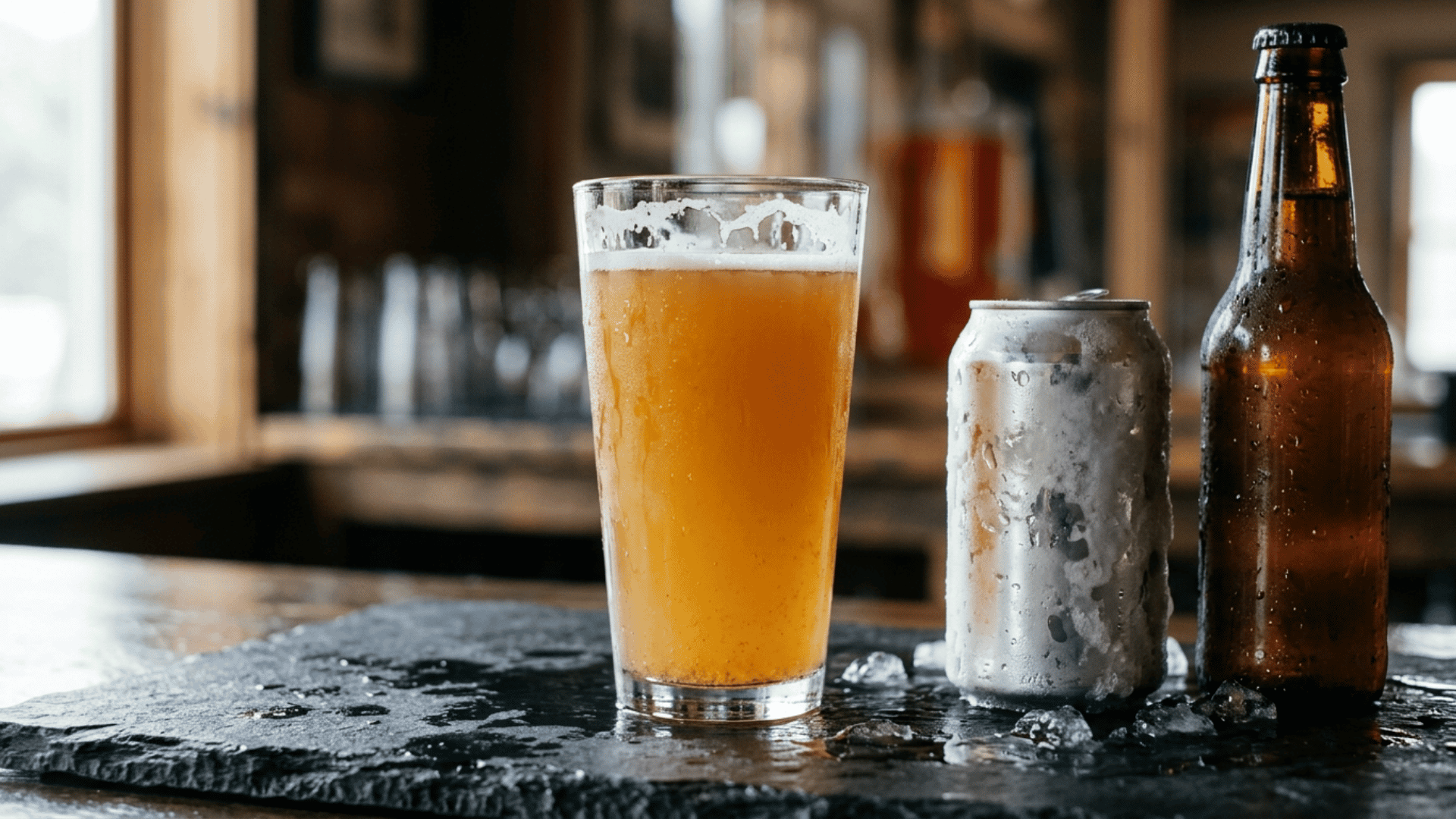 hazy glass of beer beside a frosted silver can and amber bottle on a wet counter